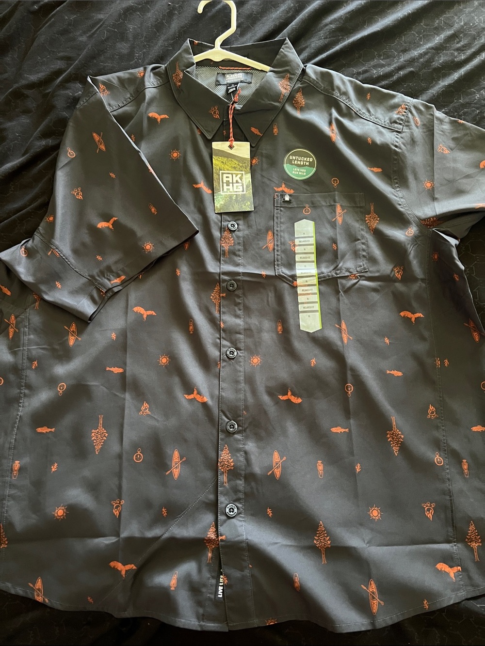 Dark blue AKHB Short-Sleeve Button-Up Shirt with Orange Print